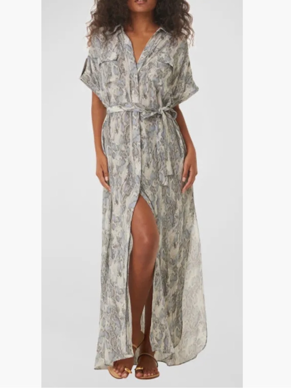 Misa Los Angeles Grey Snake-Print Tie-Waist Maxi Shirt Dress
